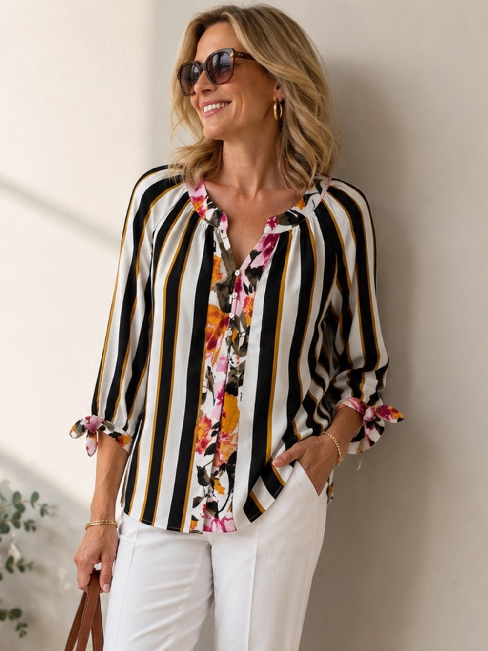 Mixed Floral Trim Striped Blouse Pink Black Mustard Gold & White 1X